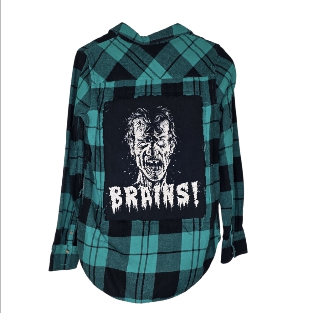 Boneyard Threadz Green & Black Plaid Flannel W/ Zombie Graphic Size Small